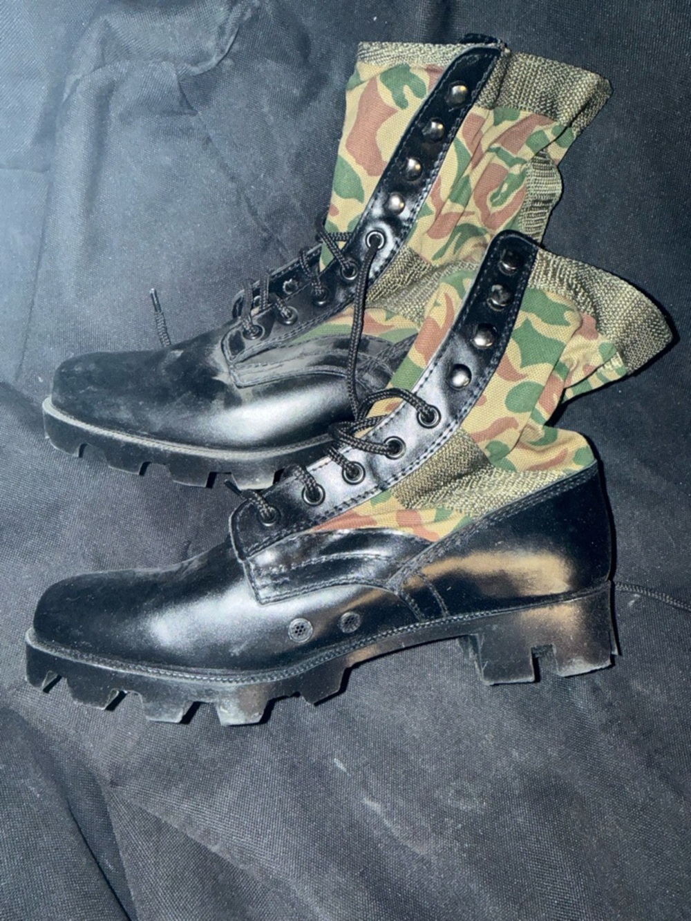 Men's Black Leather Combat Boots with Camouflage Fabric Shaft Vintage
